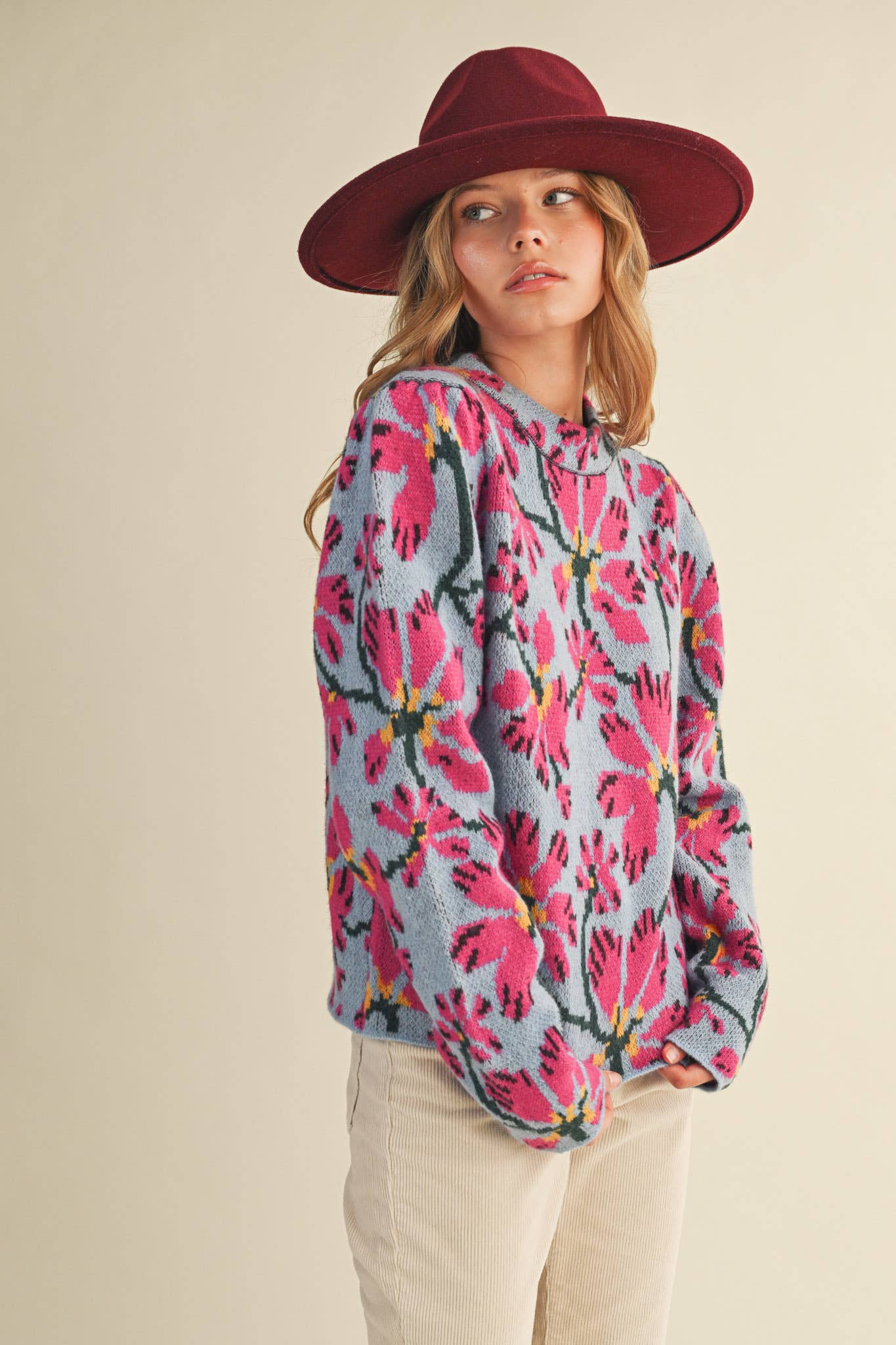 Floral Mock Neck Sweater in Blue/Fusia