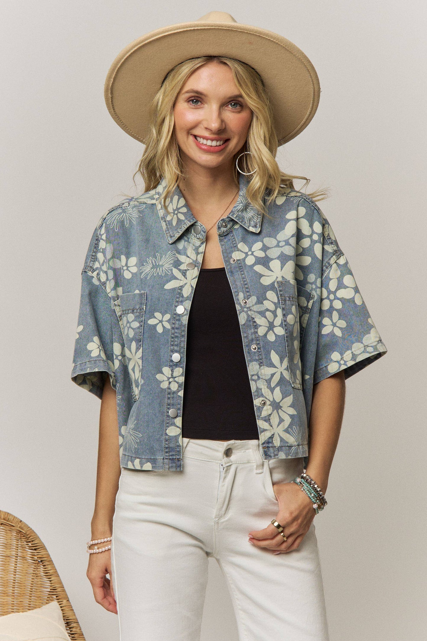 Floral Print Denim Snap Front Top/Jacket