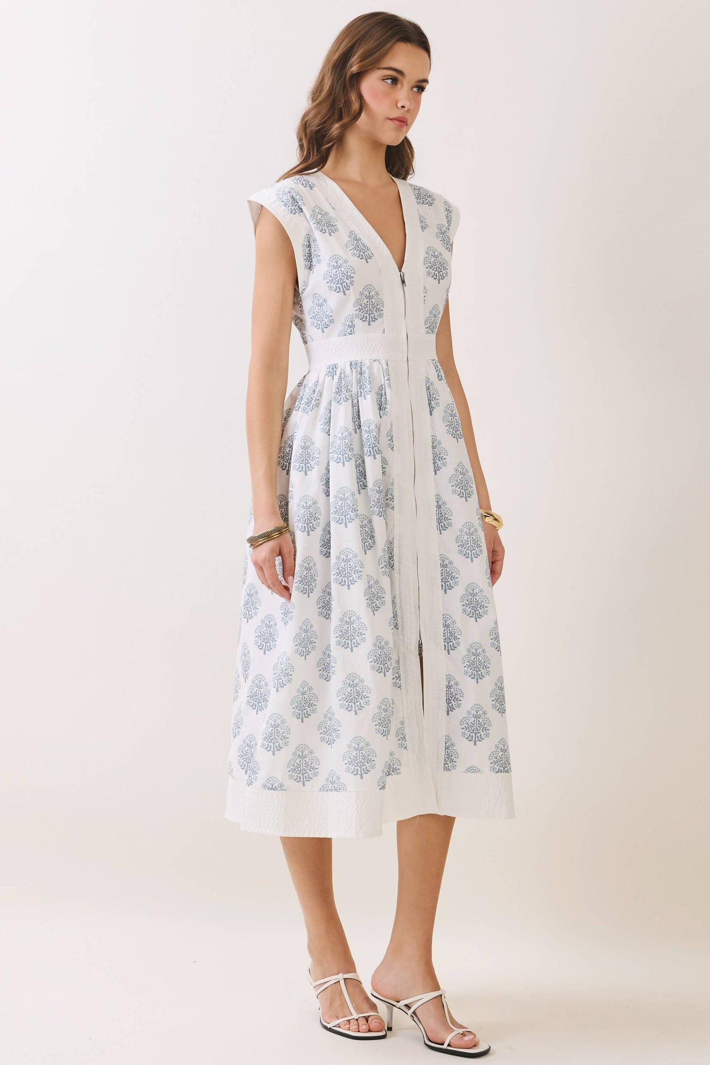 Floral Print Zipper Front Midi Dress in Blue and White