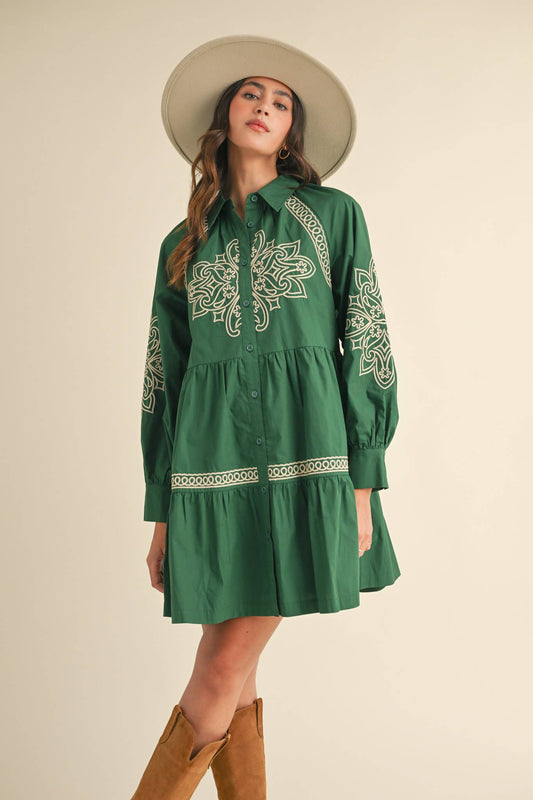 Embroidered Hunter Green Mini Dress