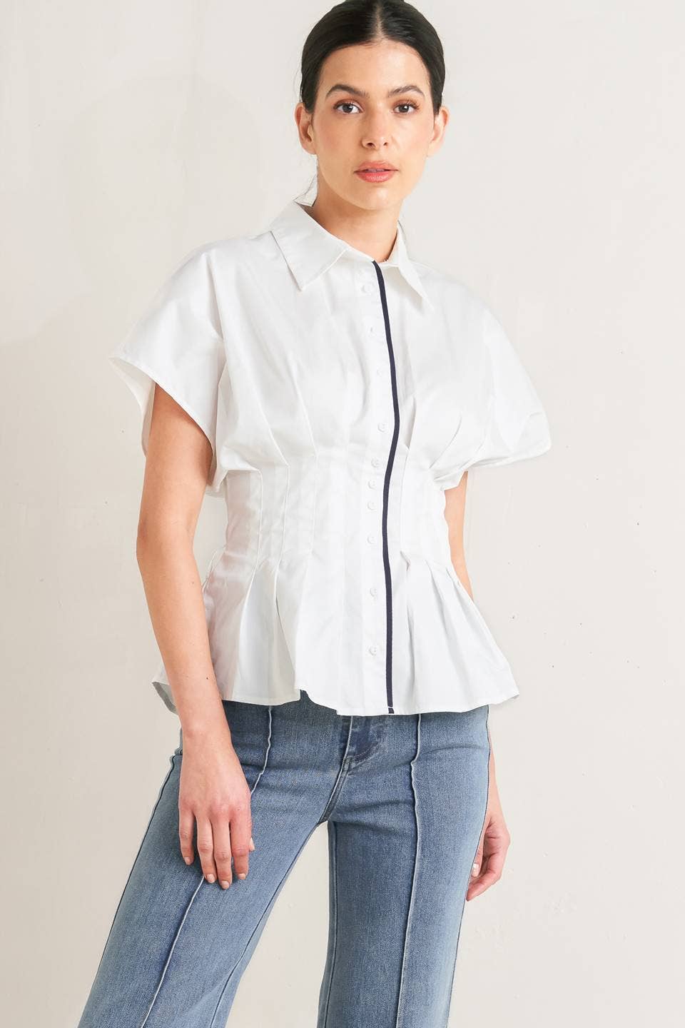 Pleated Waist Peplum Top in White