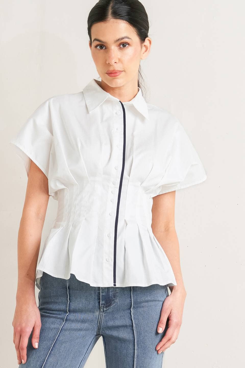 Pleated Waist Peplum Top in White