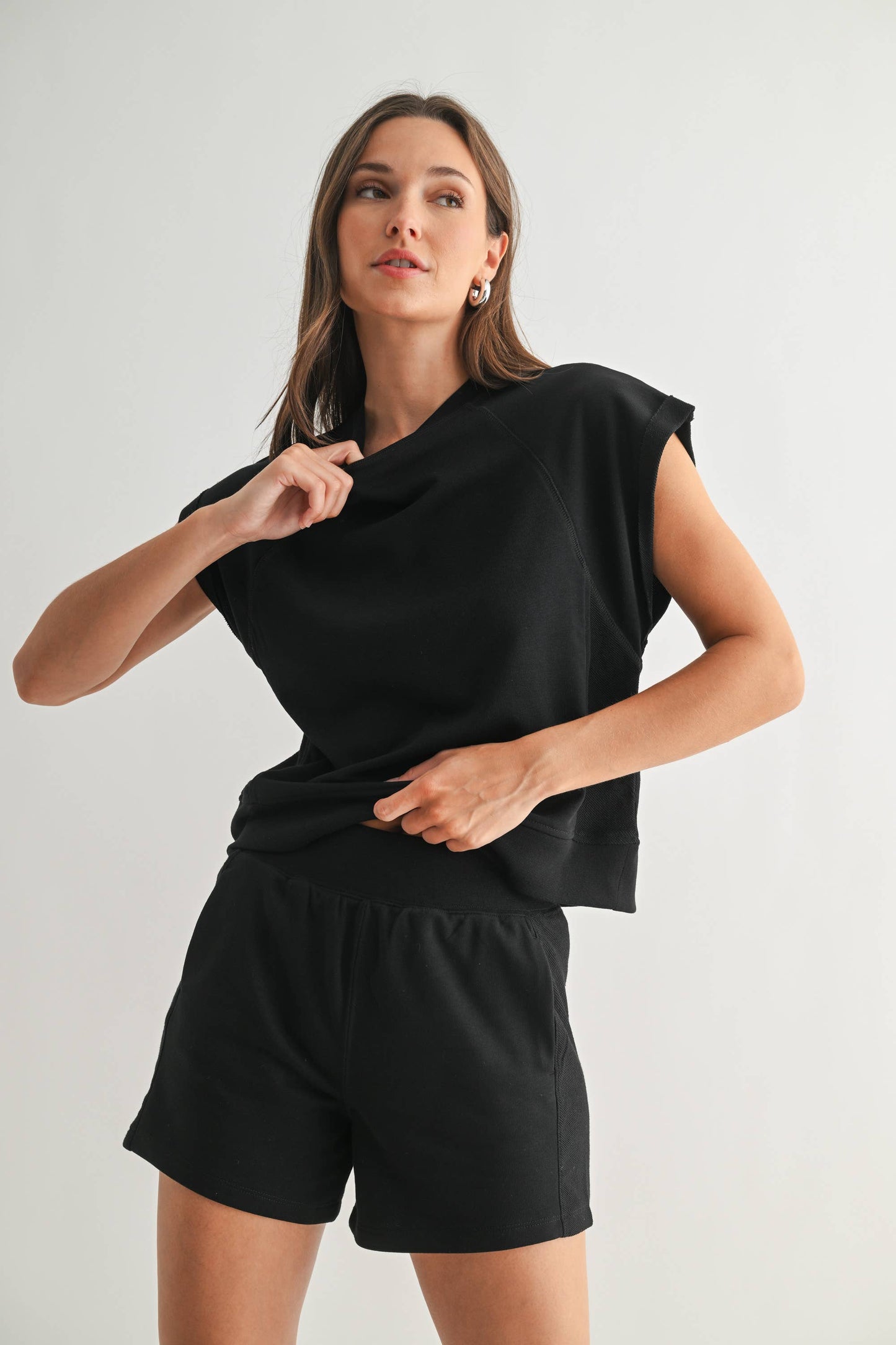 French Terry Cap Sleeve Top in Black
