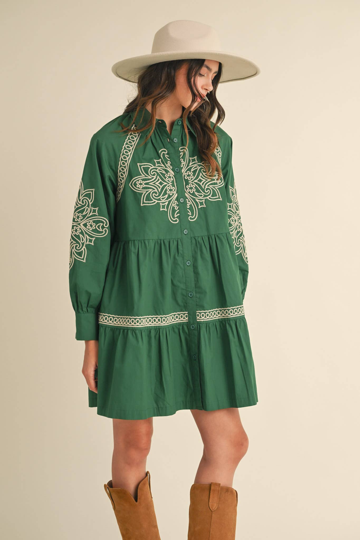 Embroidered Hunter Green Mini Dress
