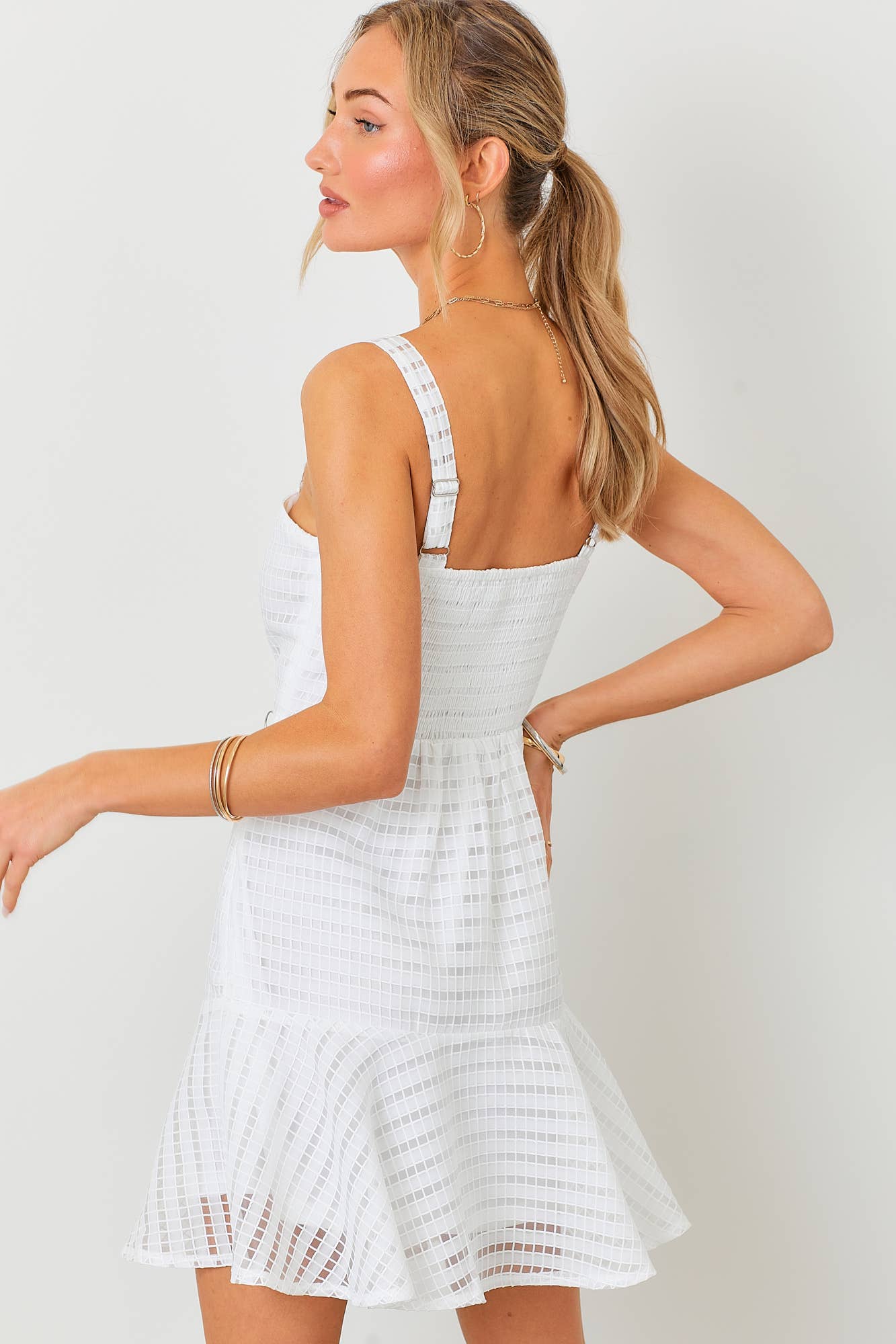 White Jaquard Peplum Mini Dress