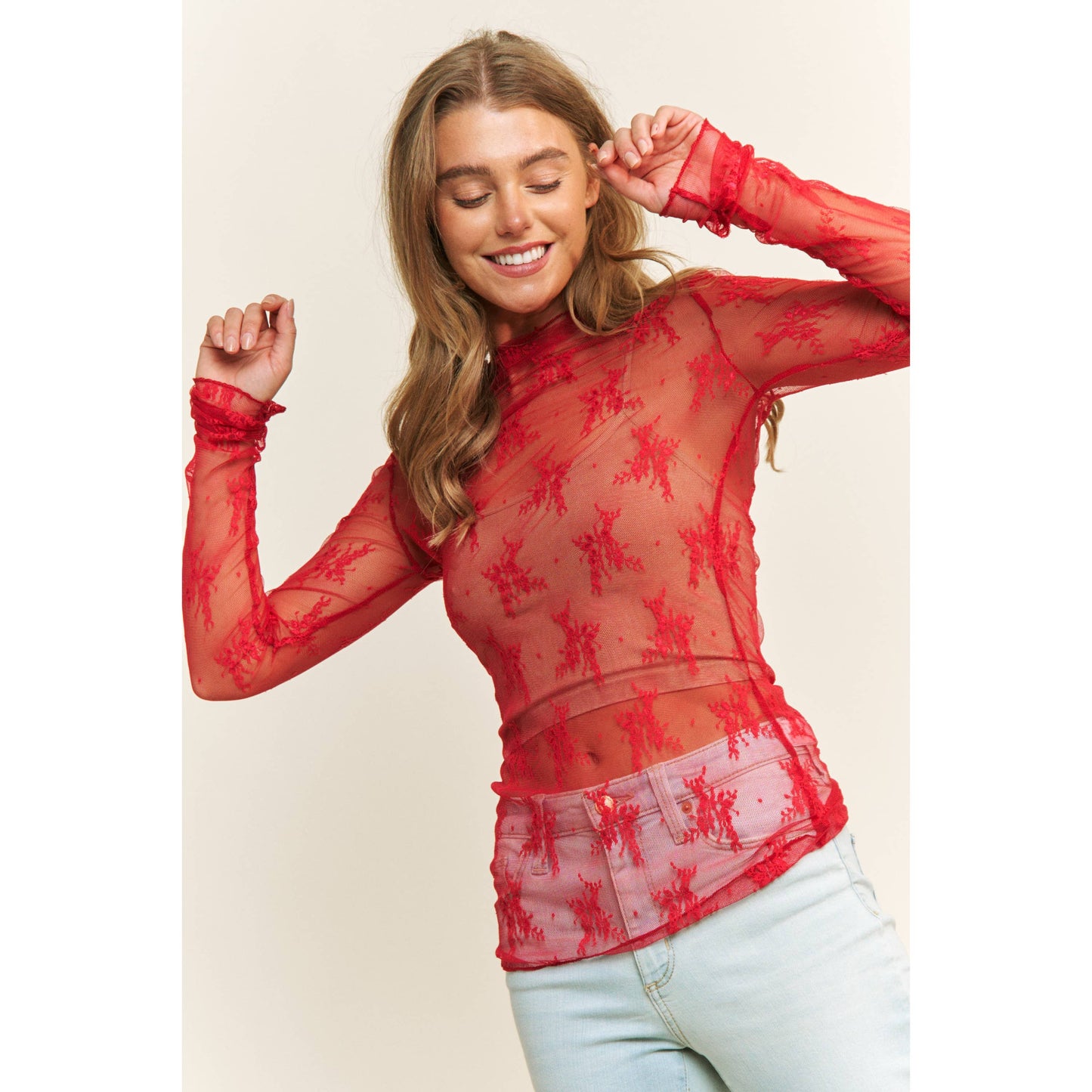 Red Sheer Lace High Neck Top