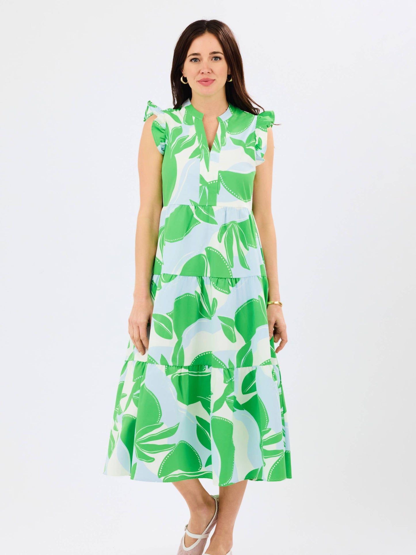 Blue and Green Flutter Sleeve Midi Dress