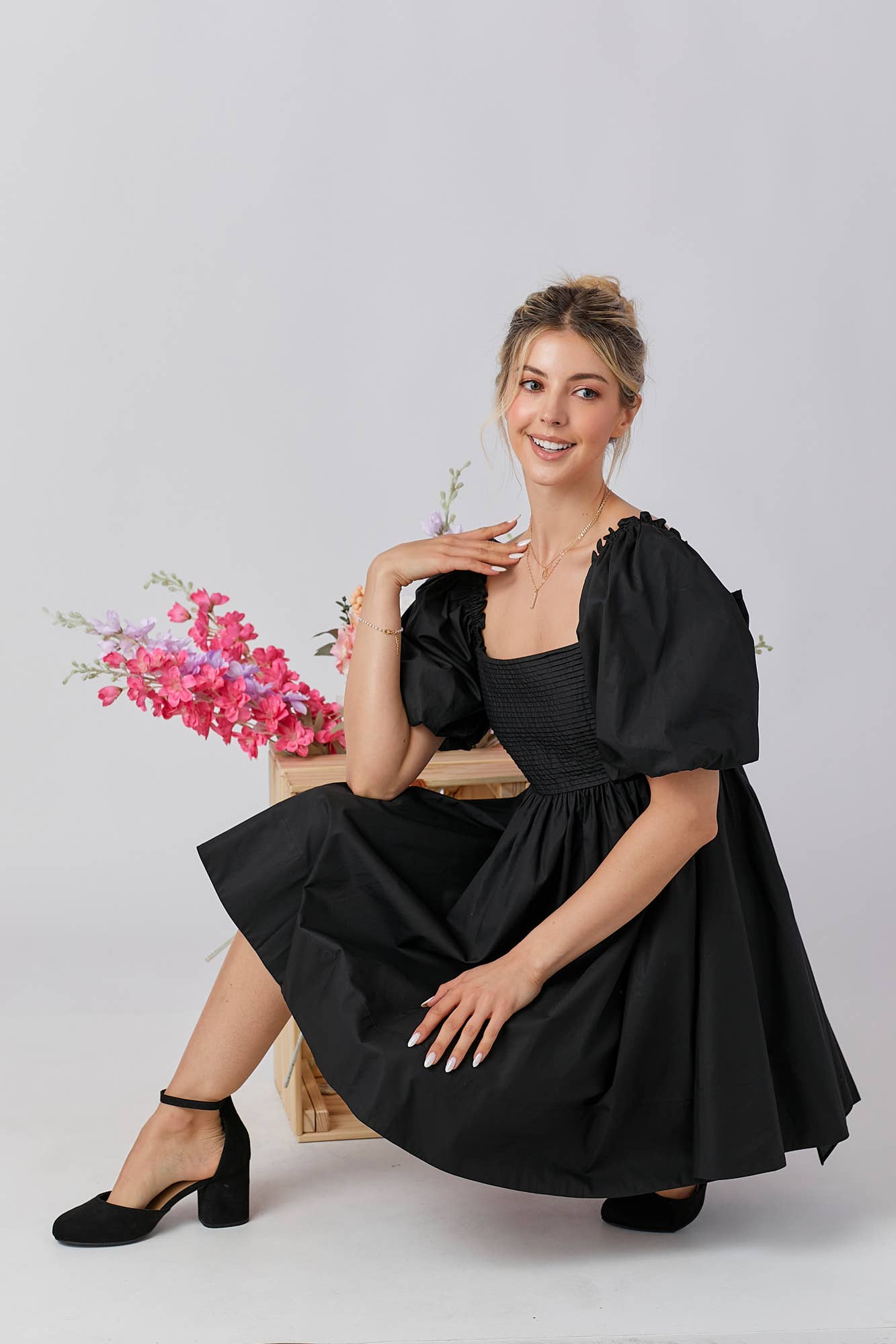 Ruffle Square Neck A-line Cotton Midi Dresses