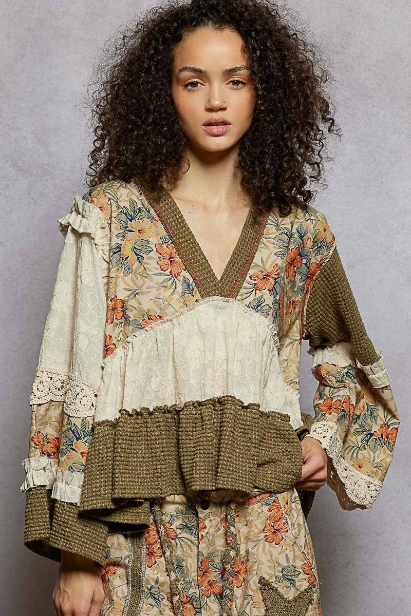 Patchwork Floral Print Ruffle Stitch Woven Top in Olive