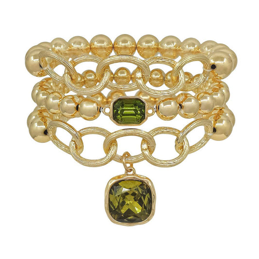 Gold Stretch Bracelet Set with Olive Green Accents