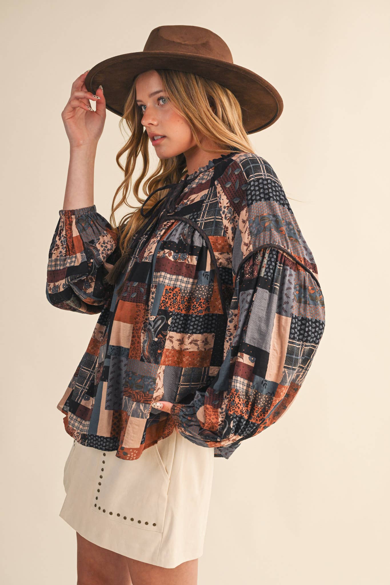 Patchwork Print Babydoll Top