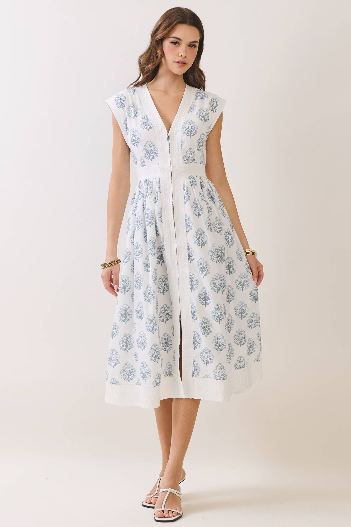 Floral Print Zipper Front Midi Dress in Blue and White