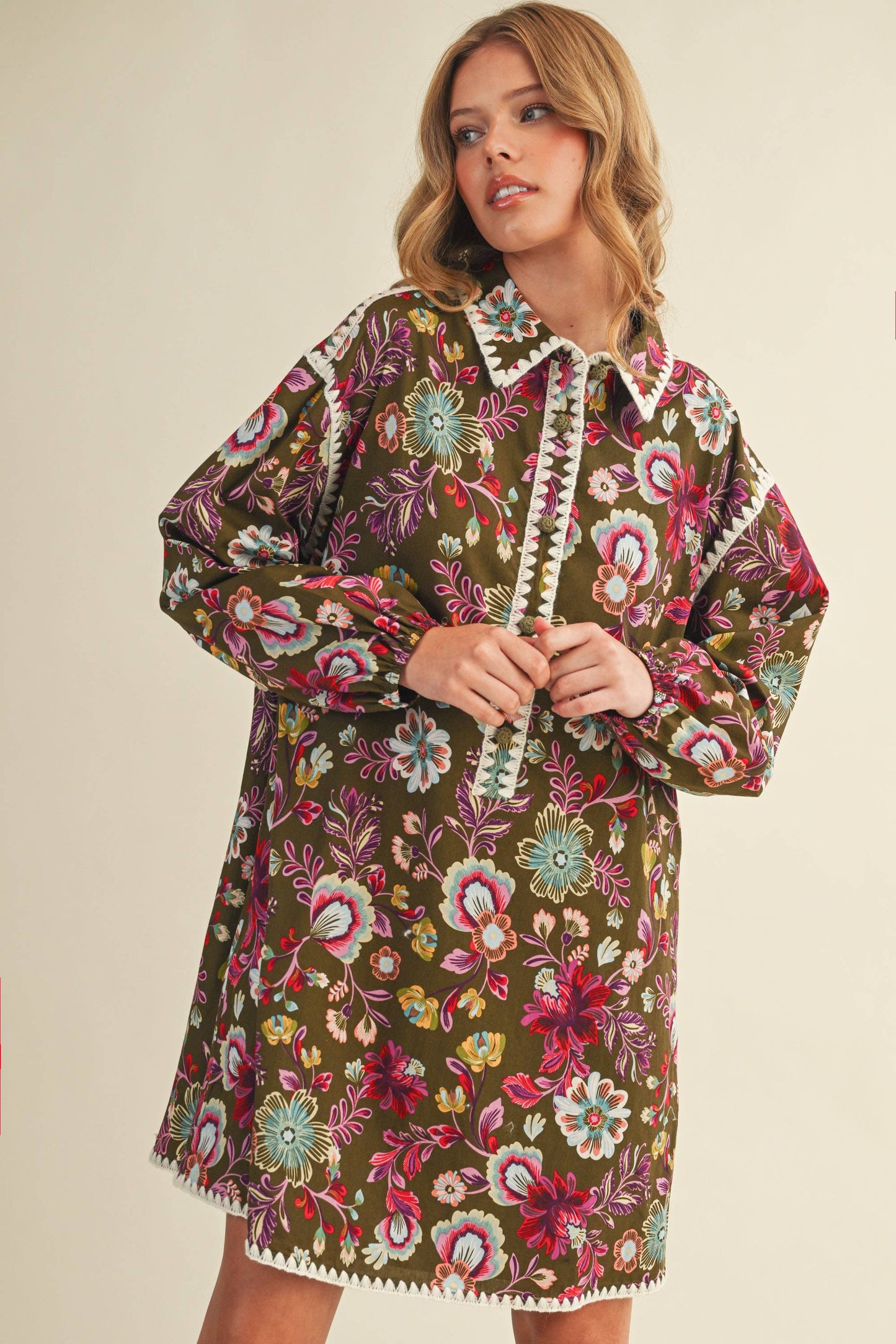 Blanket Stitch Floral Print Dress in Olive Multi