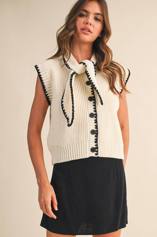 Tie Neck Sweater Vest in Ivory and Black