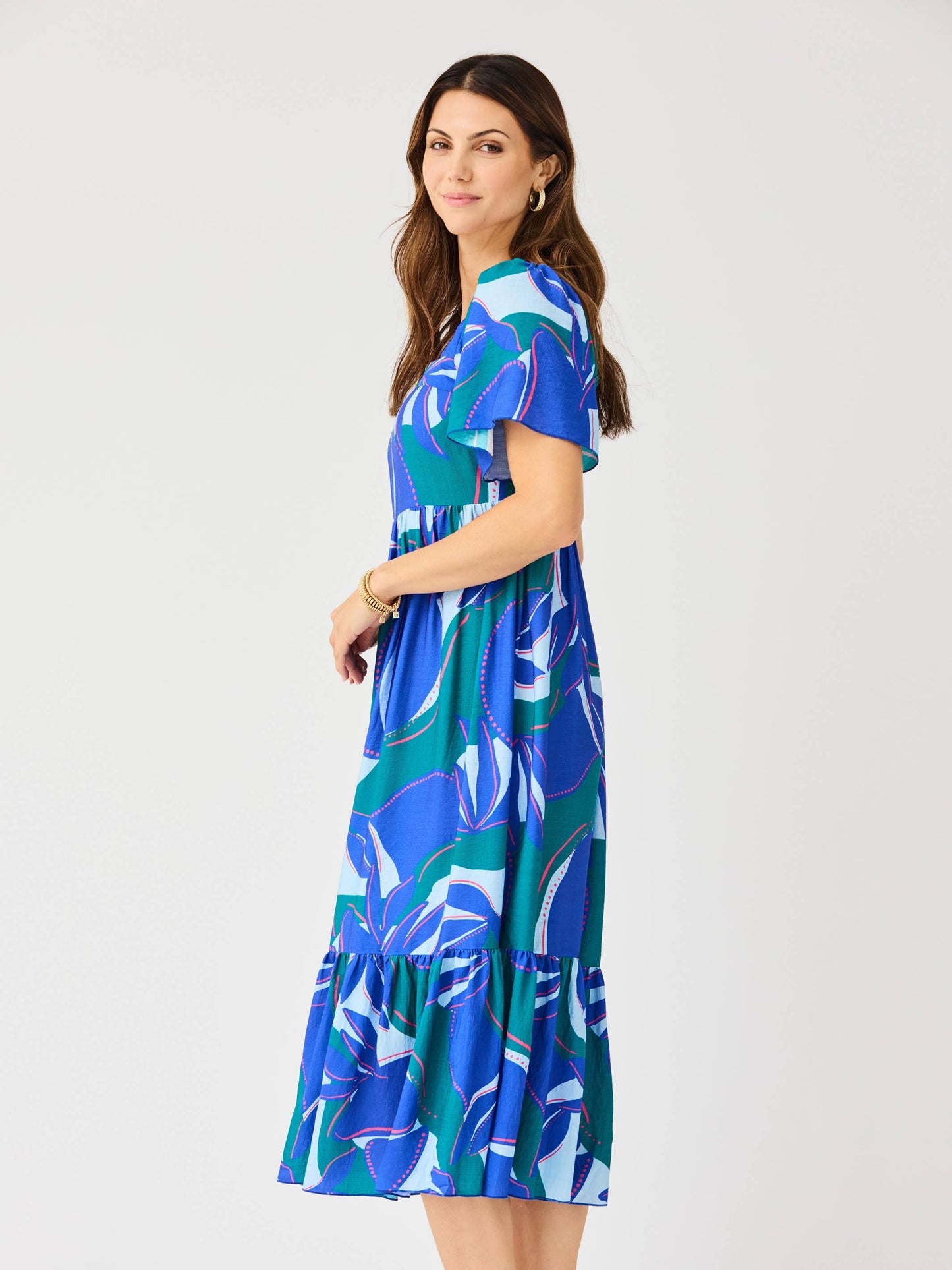 Blue and Green Print Square Neck Maxi Dress