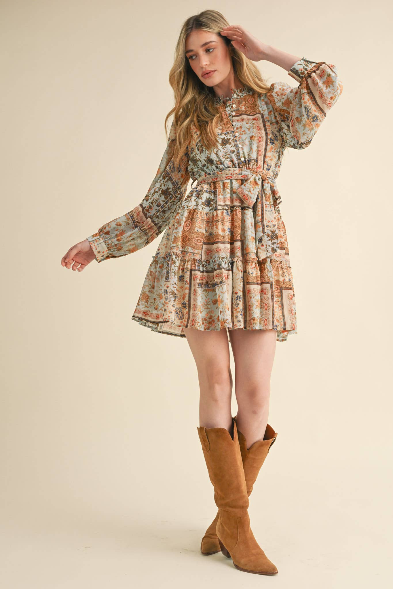 Dusty Blue Patch Print Dress