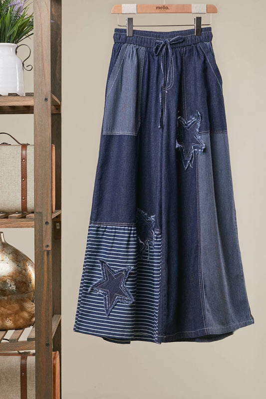 Frayed Star Patch Wide Leg Denim