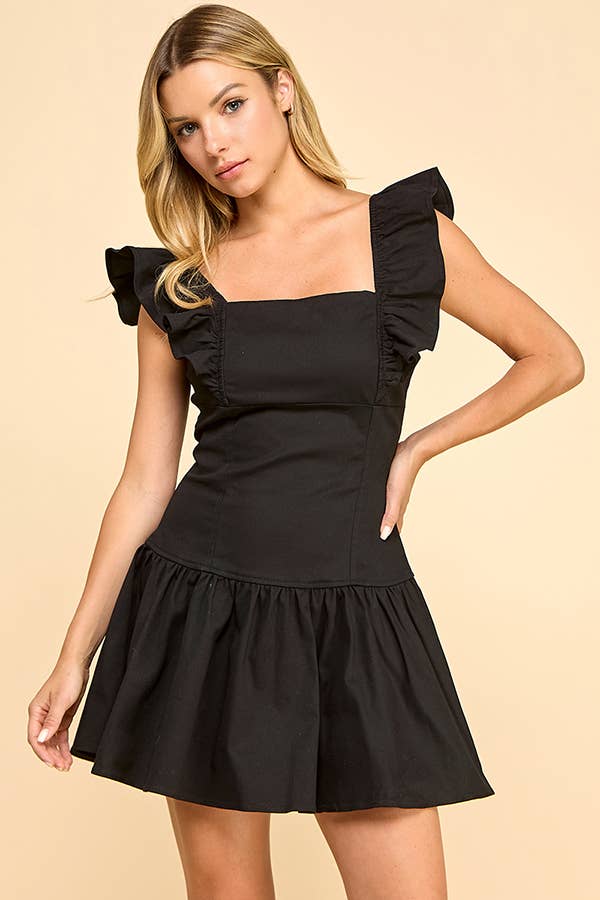 Drop waisted mini dress with ruffle shoulder