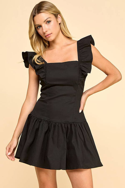 Drop waisted mini dress with ruffle shoulder