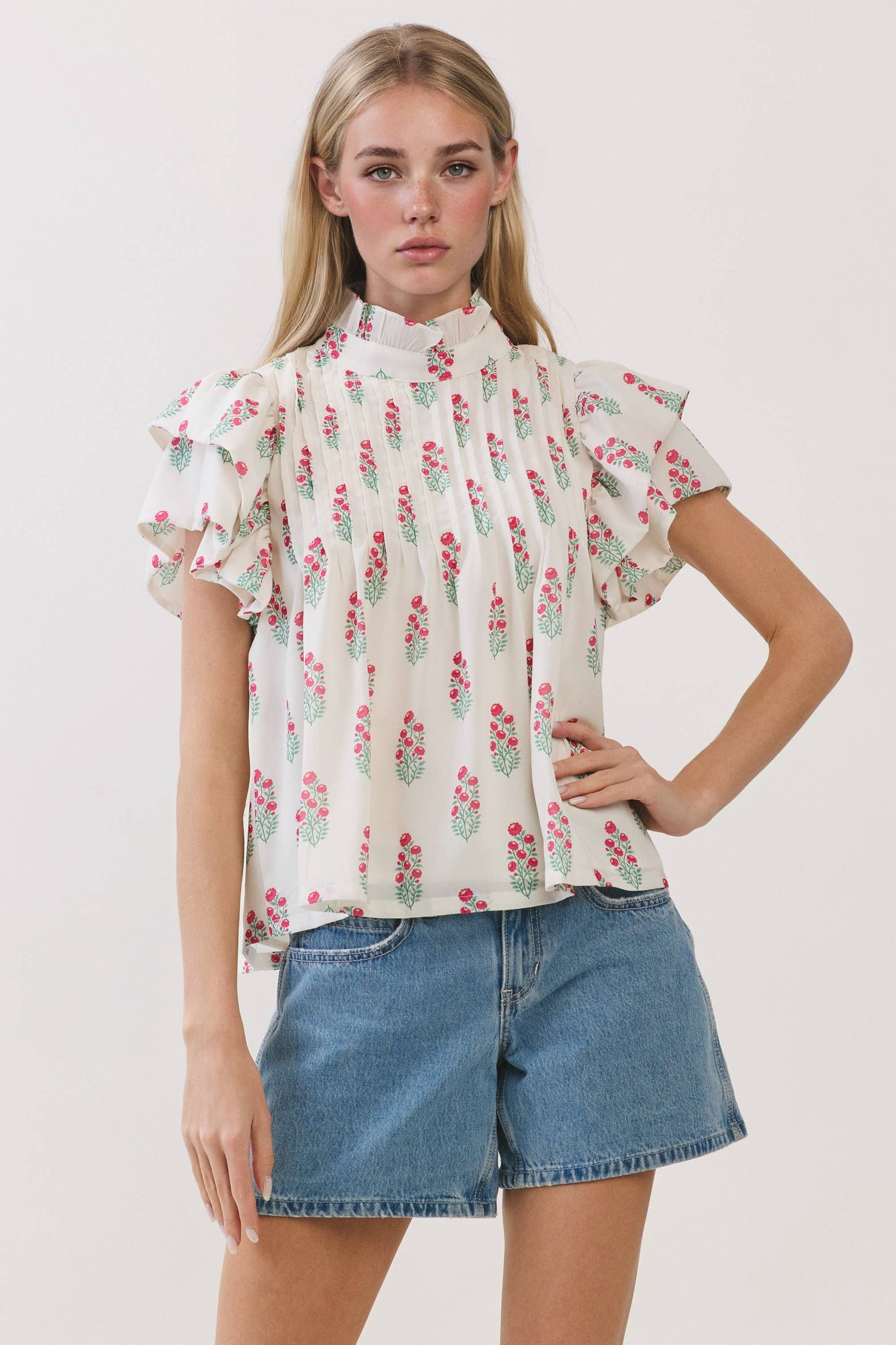 Floral Print Ruffle Sleeve High Neck Top
