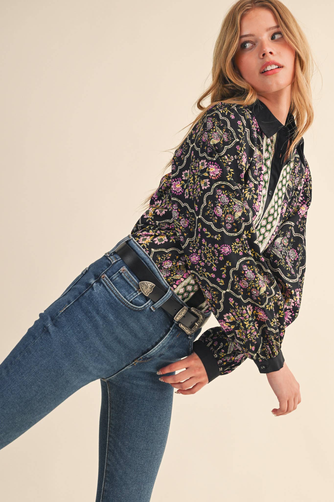 Floral Border Button Up Printed Top in Black Multi