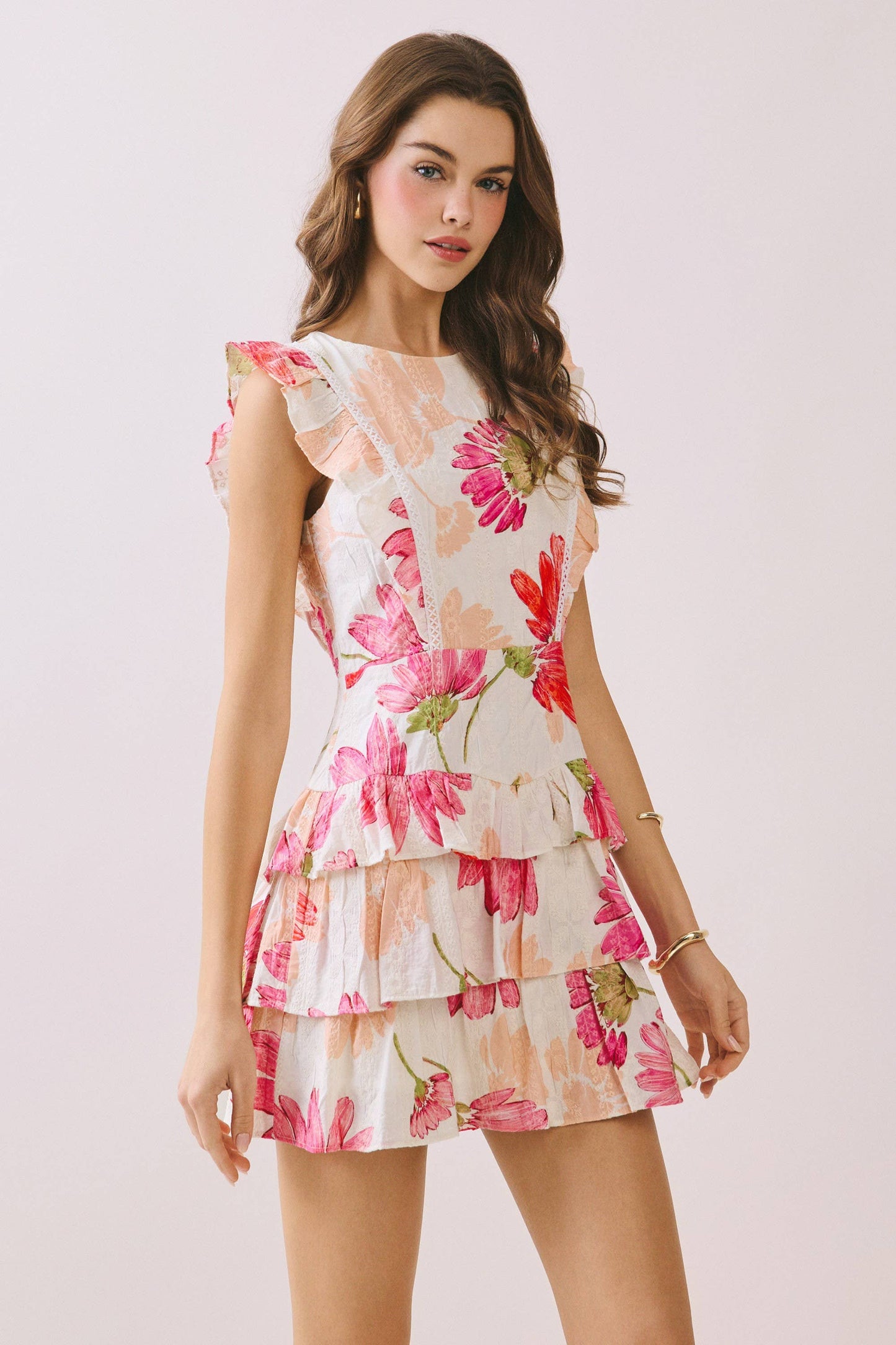 Floral Print Ruffle Detail Mini Dress in Peach and Pink