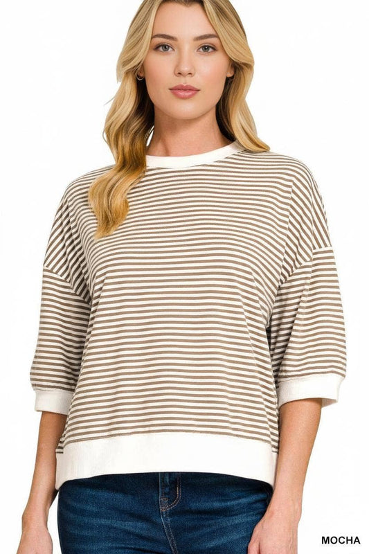 Striped Contrast Trim Banded Bottom Top in Mocha