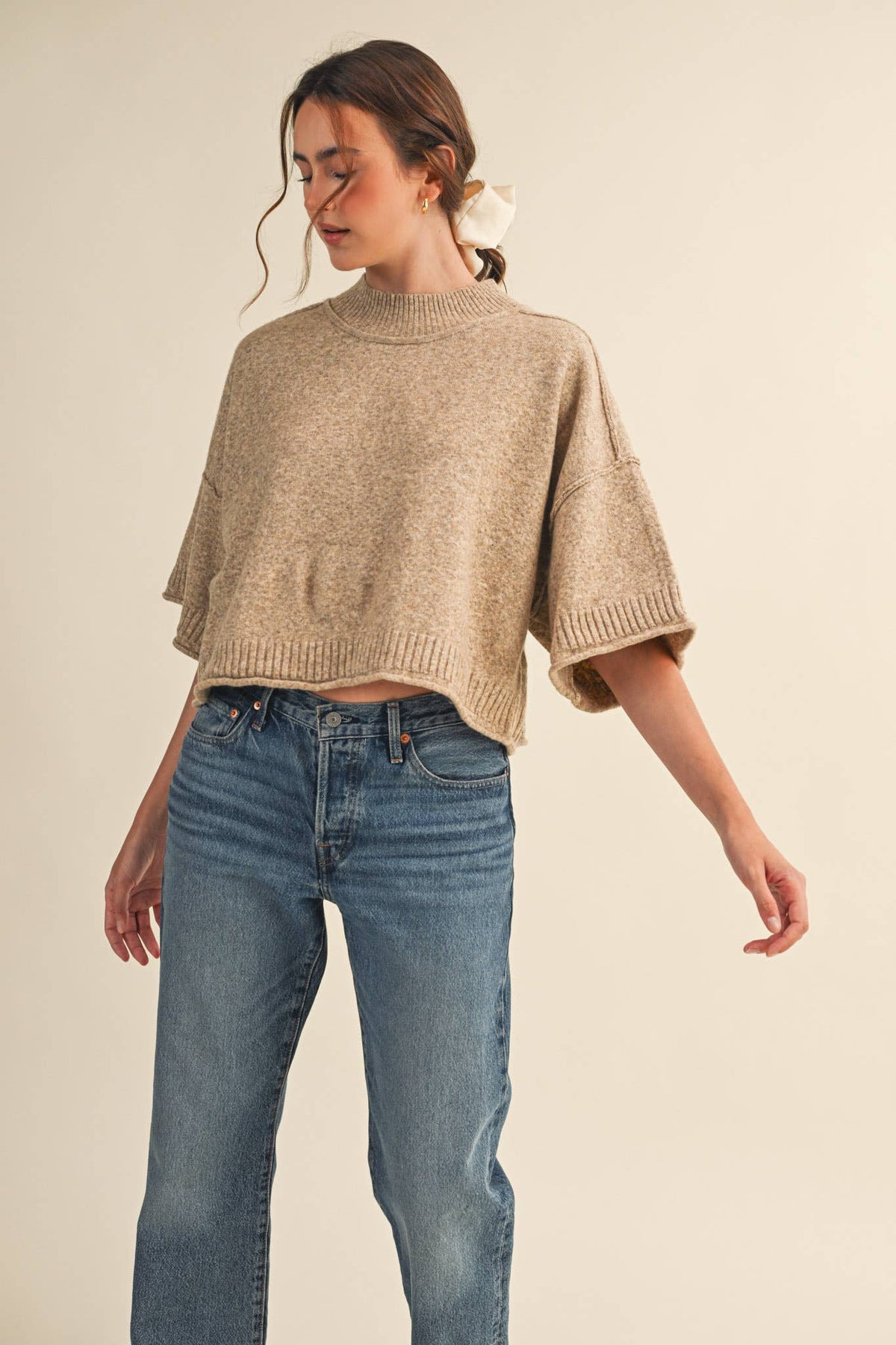 Macy Mock Neck Short Sleeve Sweater in Beige