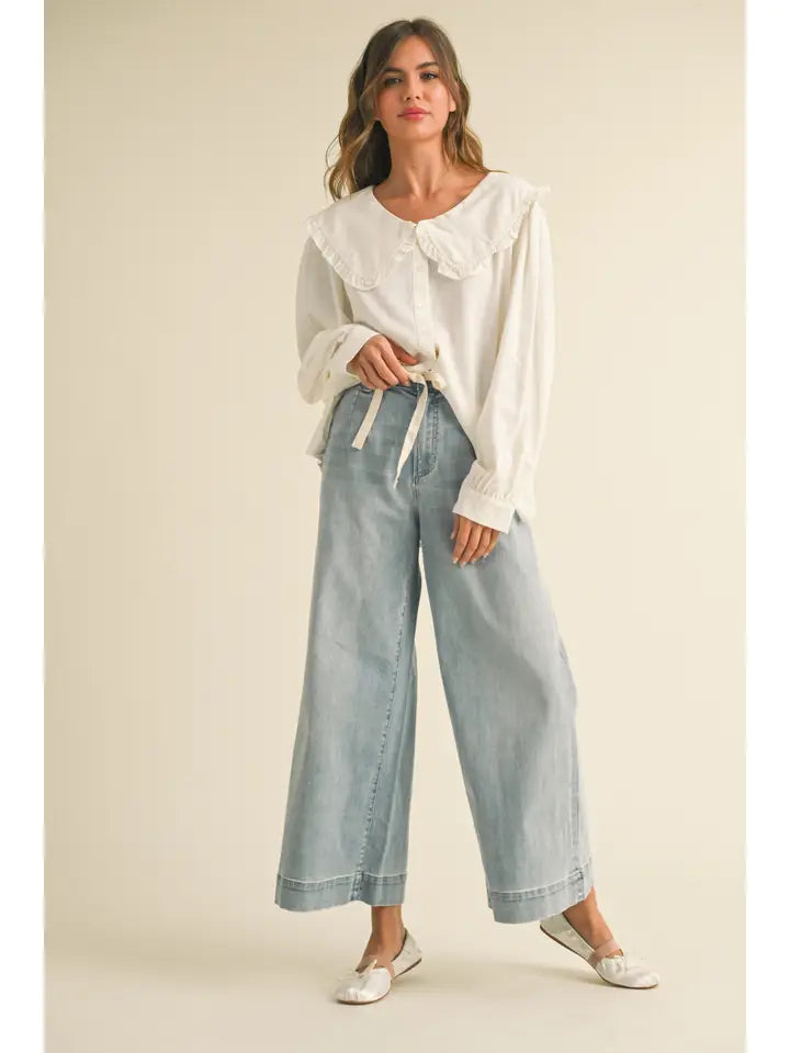 Tie Waist Wide Leg Denim Pant