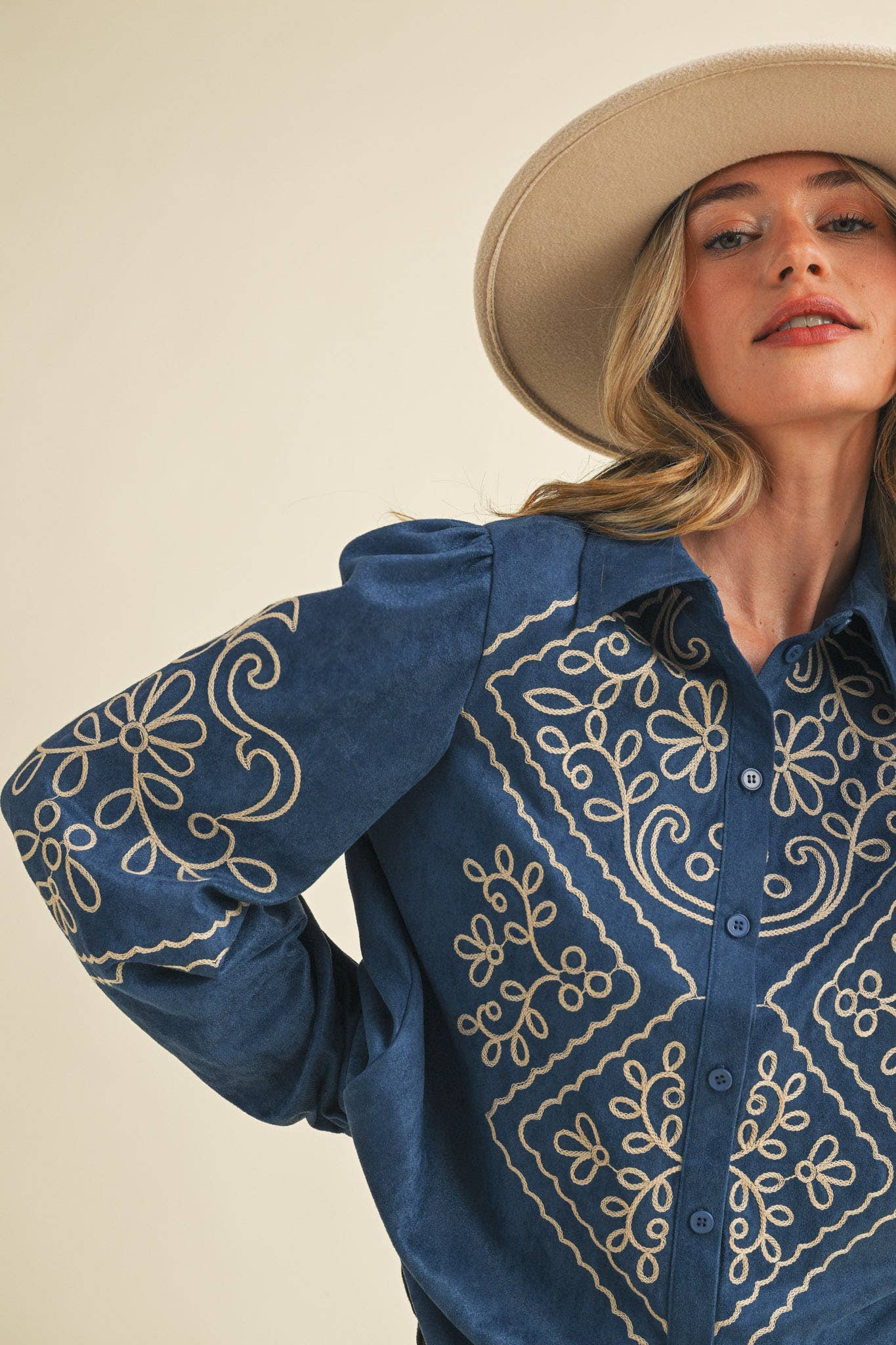 Suede Embroidered Button Up Top in Blue