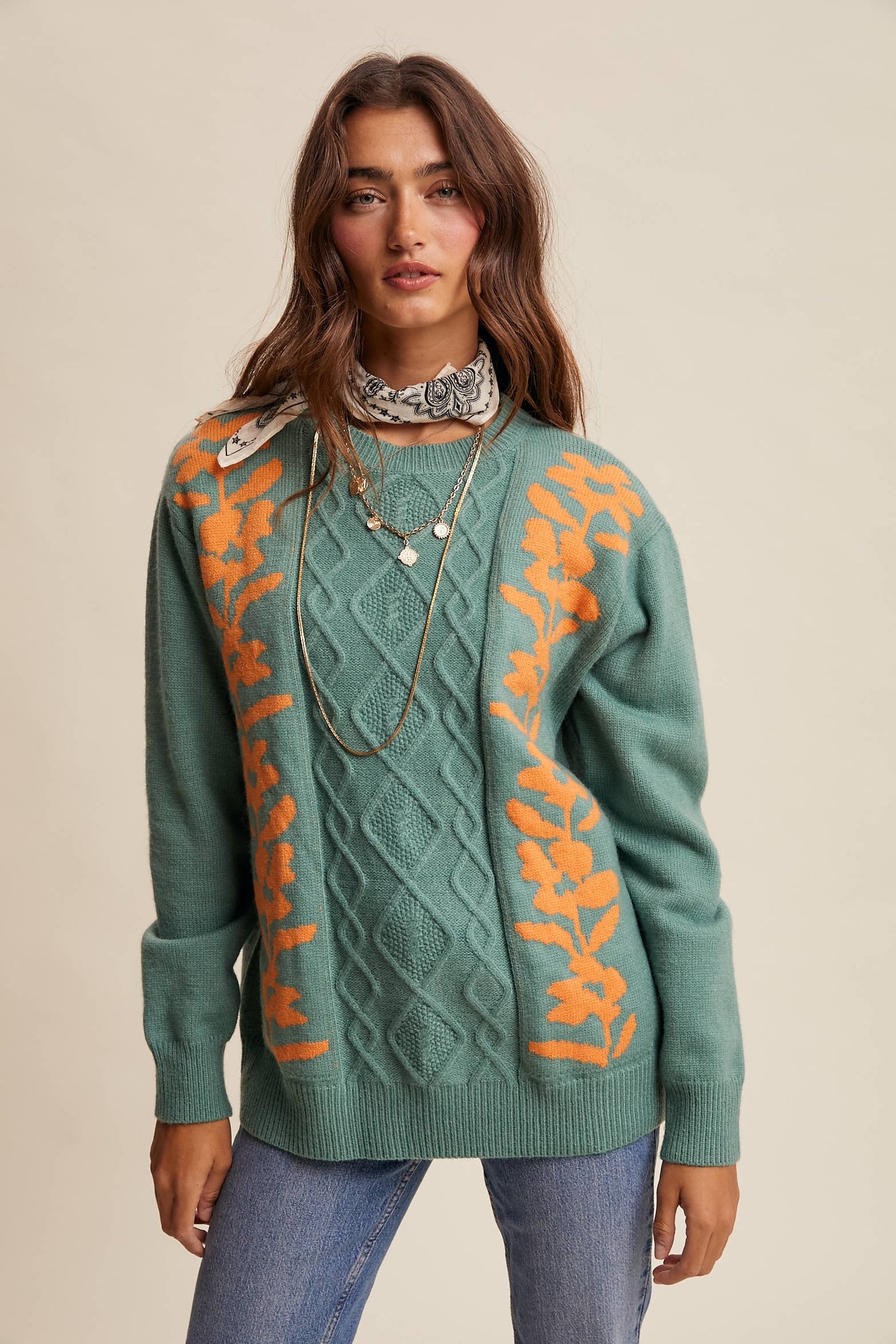Floral Panel Cable Knit Sweater