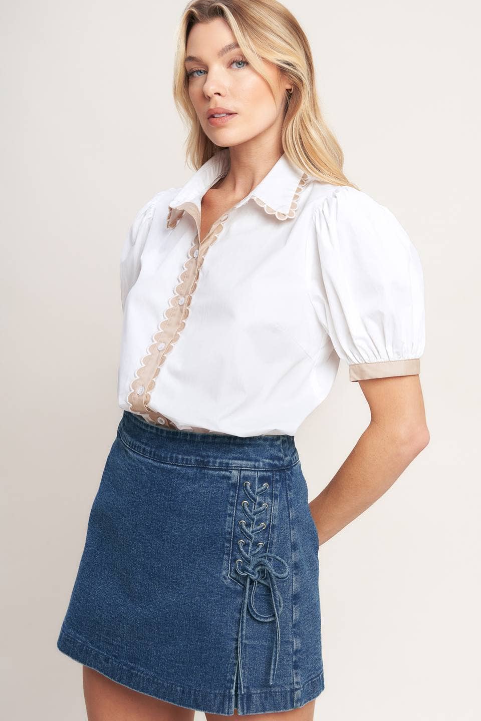 Puff Sleeve Top in Ivory and Taupe