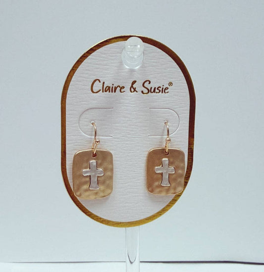 Hammered Matt Gold with Silver Cross Earrings