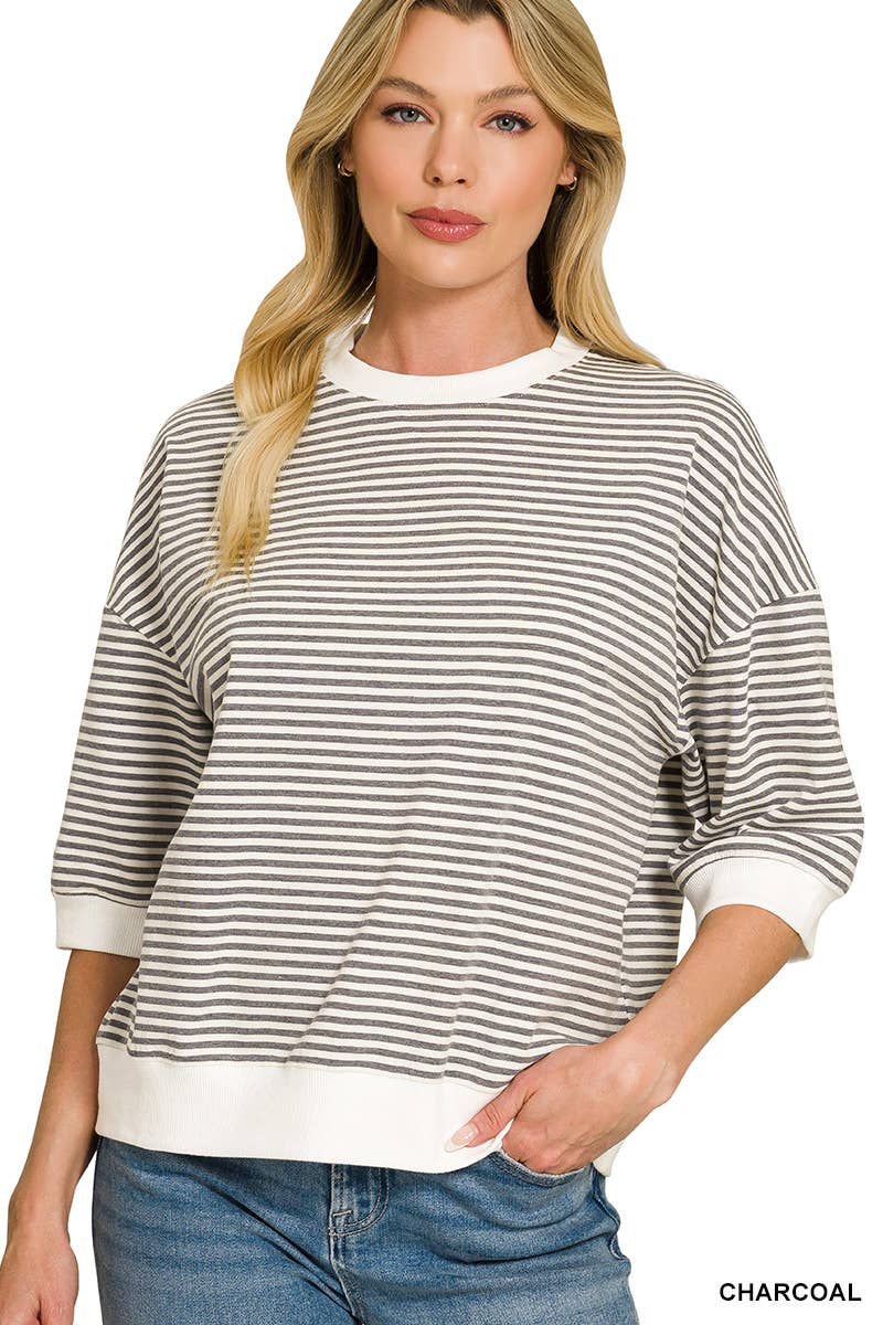 Striped Contrast Trim Banded Bottom Top in Charcoal