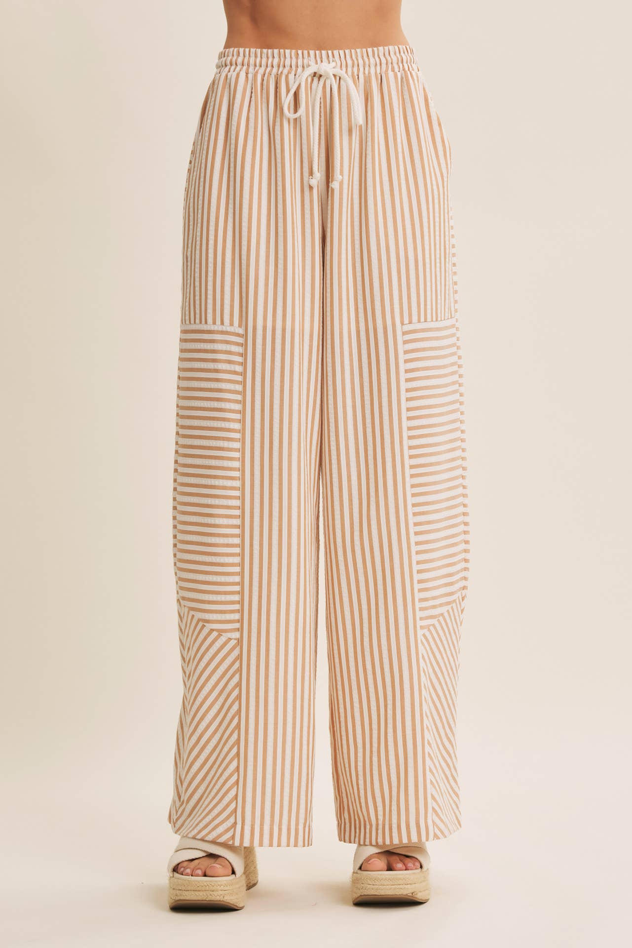 Striped Textured Wide Leg Pants in Tan