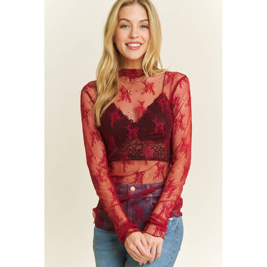 Burgundy Sheer Lace High Neck Top