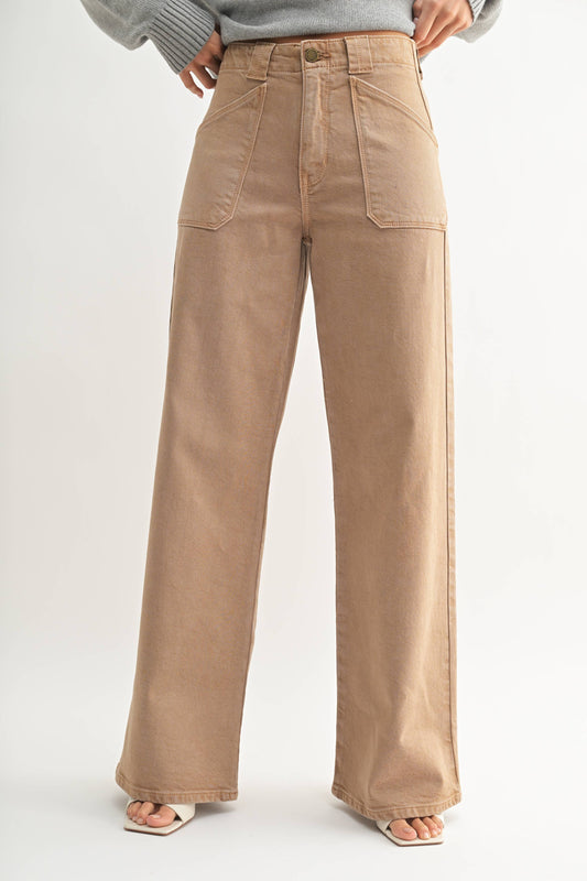 JBD Patch Pocket Wide Leg Flare in Khaki