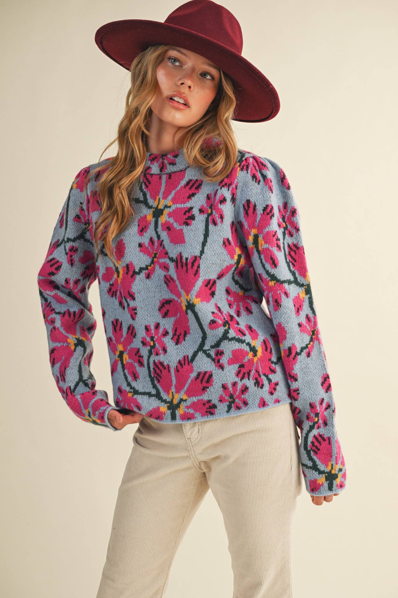 Floral Mock Neck Sweater in Blue/Fusia