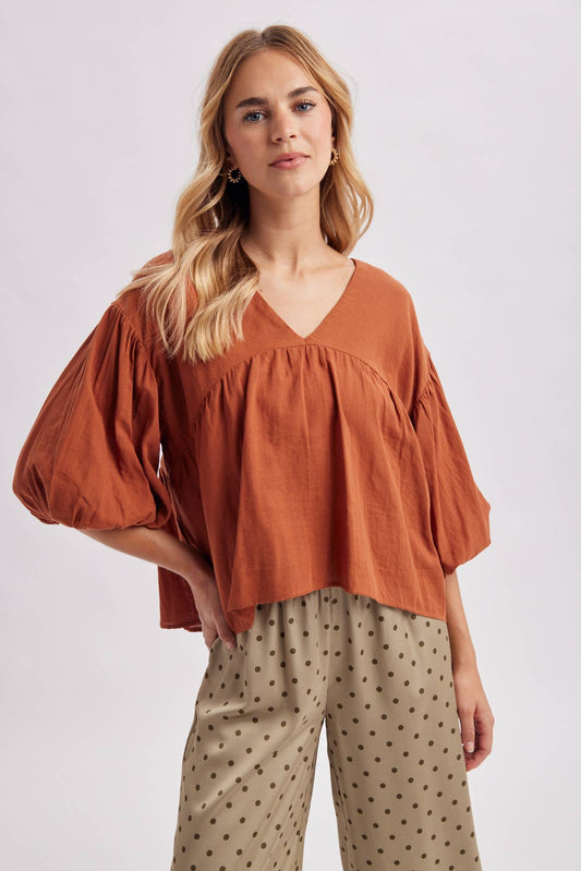 V-Neck Balloon Sleeve Top in Rust