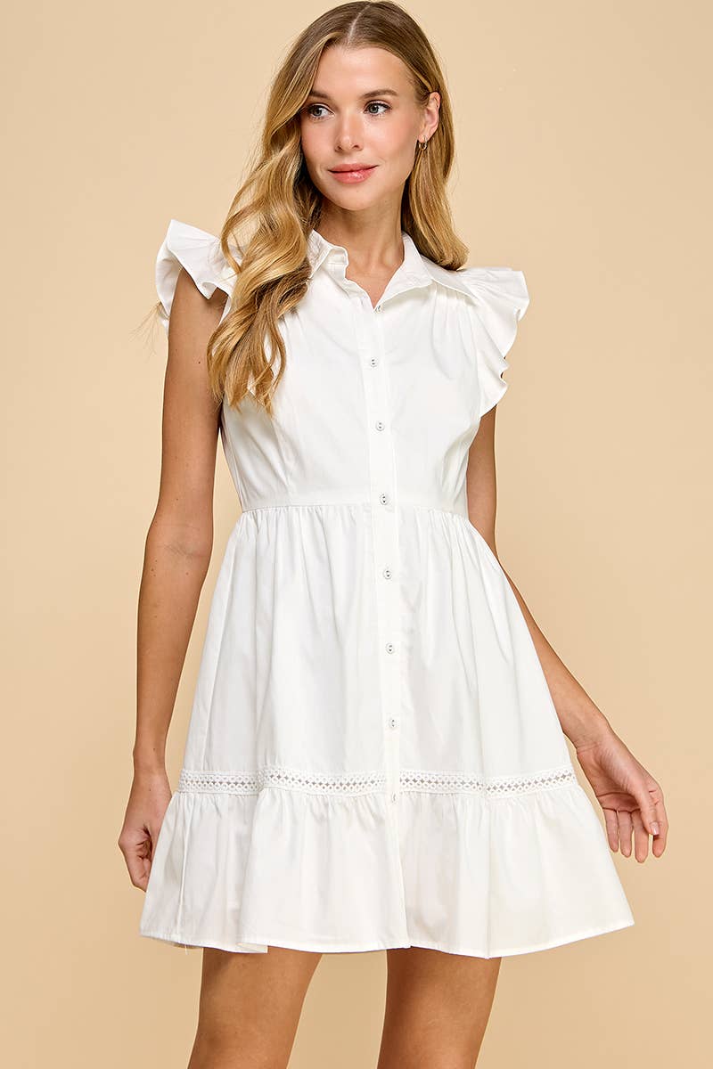 Fit and Flare Button Up Ruffled Sleeves Dress in White