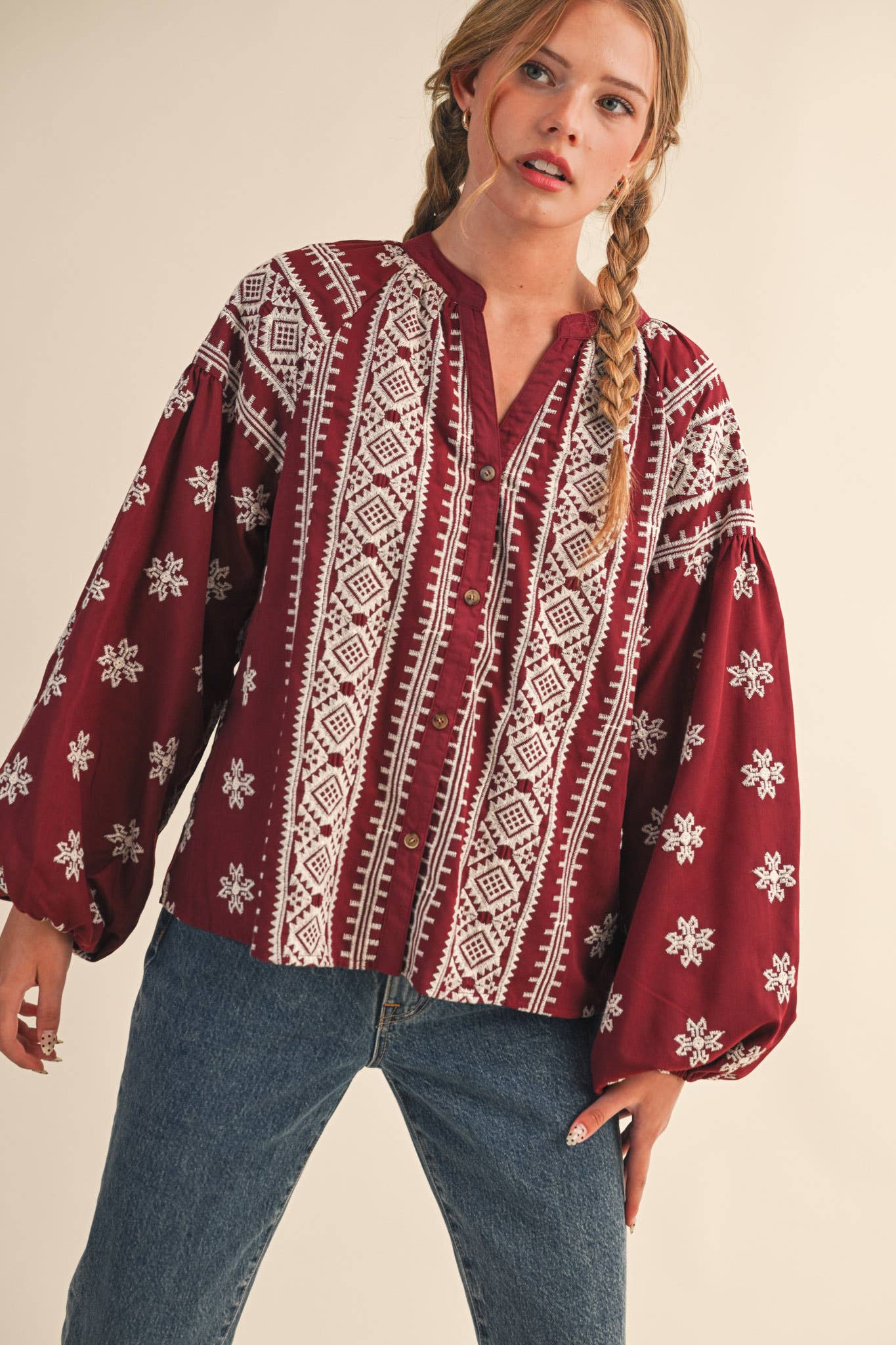 Embroidered Bubble Sleeve Top