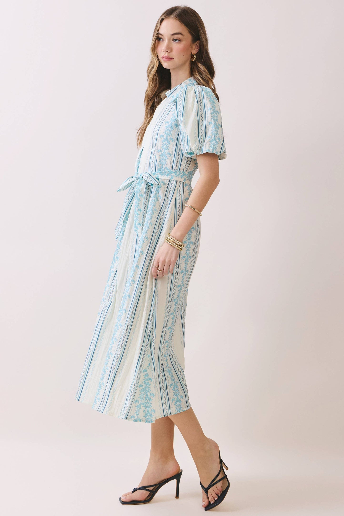 Striped Puff Sleeve Tie Waist Midi Dress in Blue and White