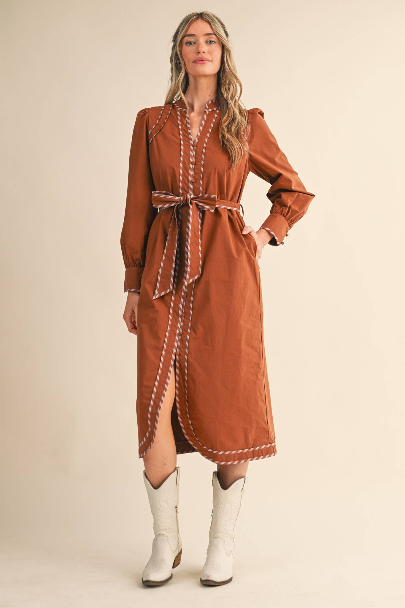 STRIPED CONTRAST BINDING DETAIL MIDI DRESS