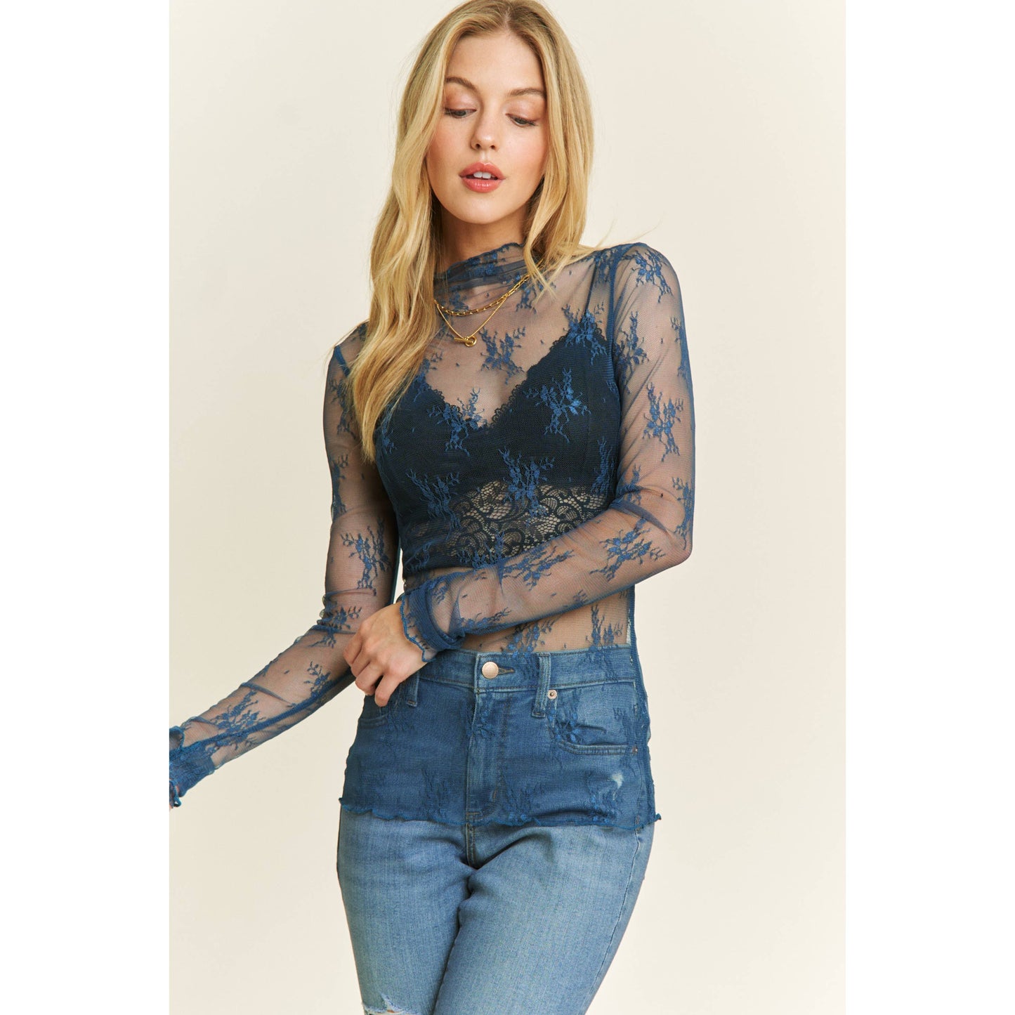 Navy Sheer Lace High Neck Top