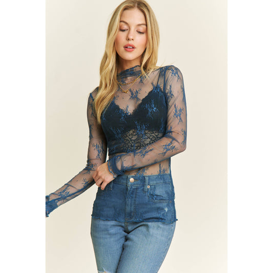 Navy Sheer Lace High Neck Top