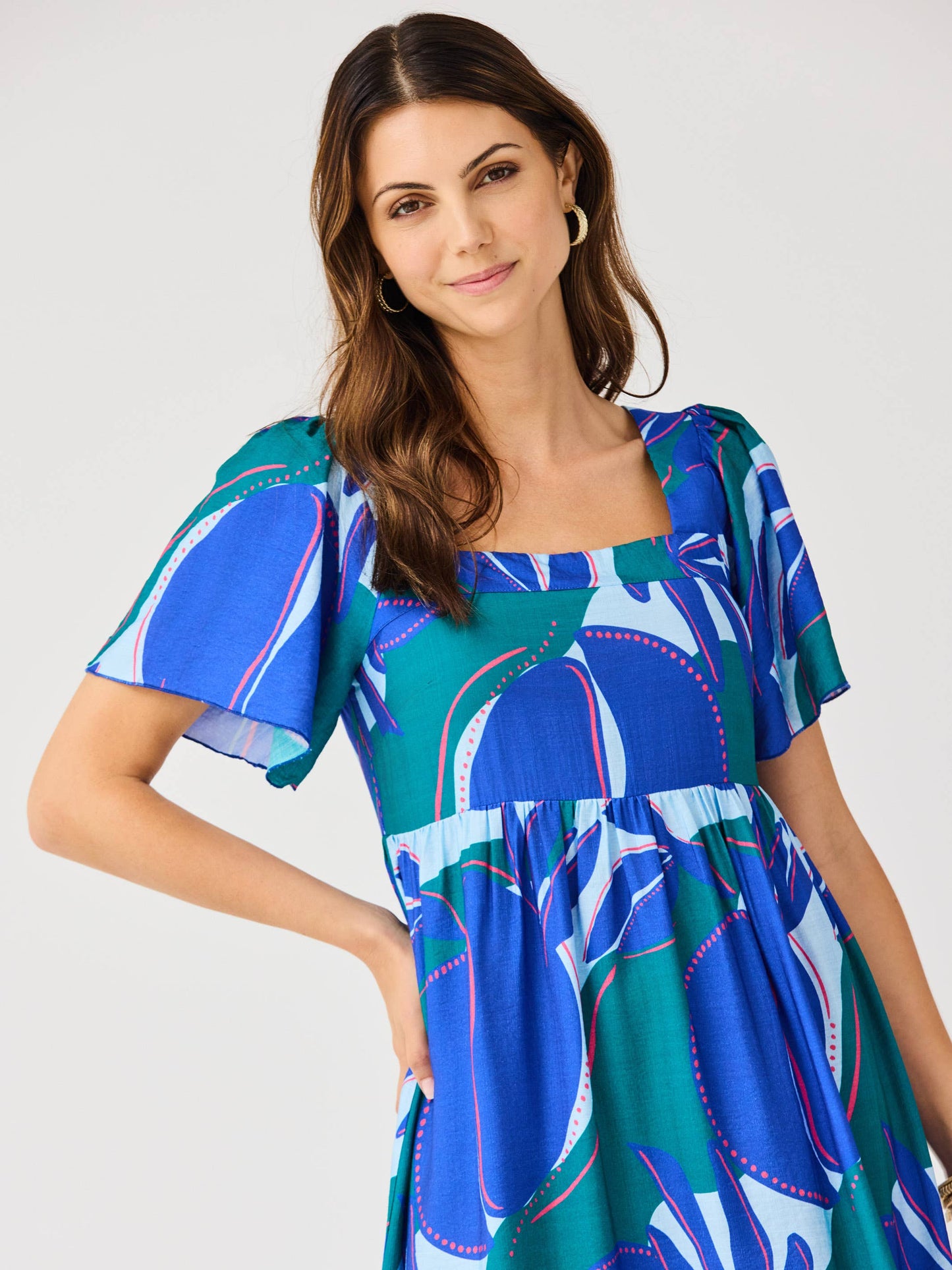Blue and Green Print Square Neck Maxi Dress