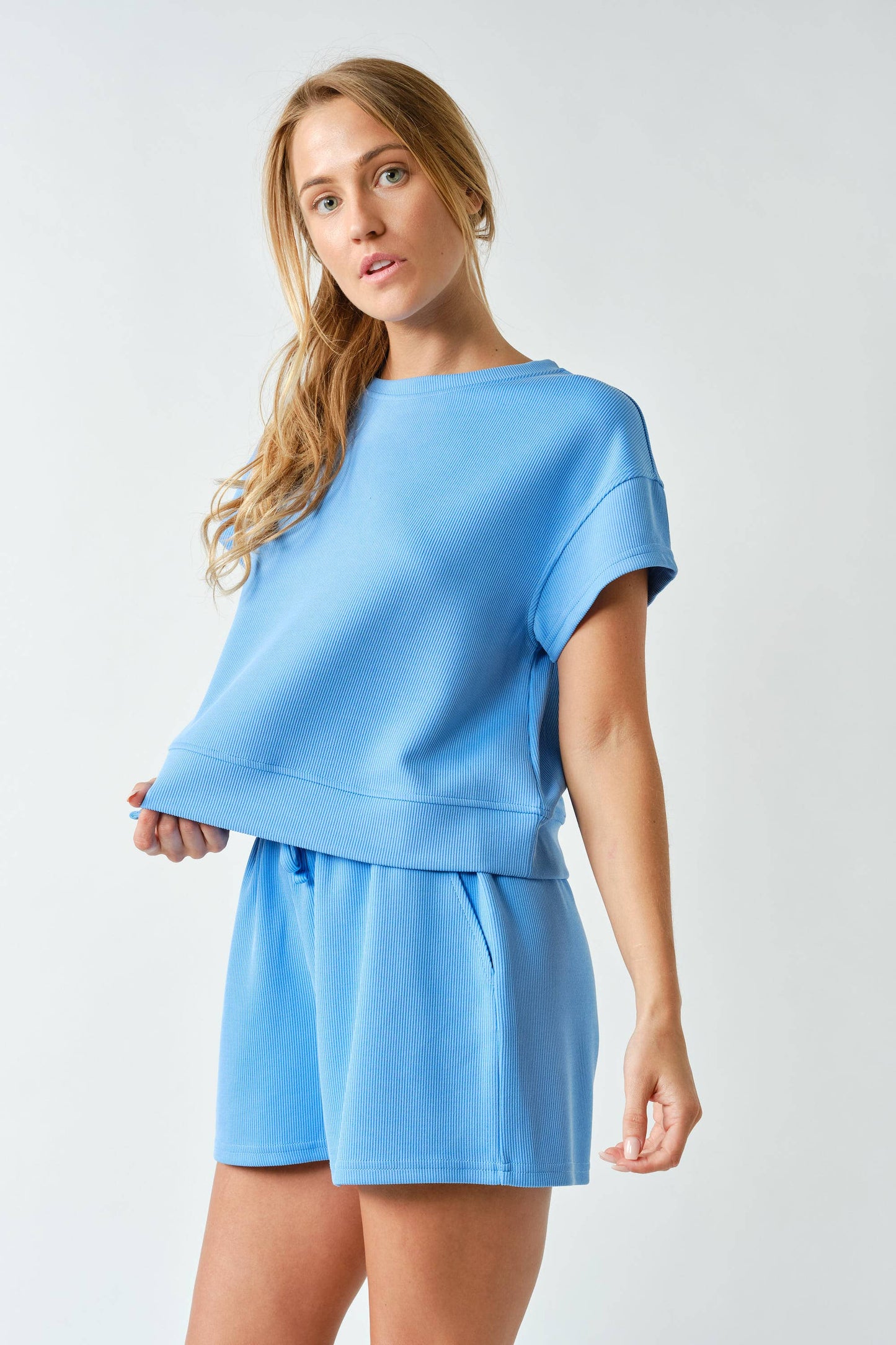 Luxe Sand Wash Rib Classic Tee Set in Sky Blue