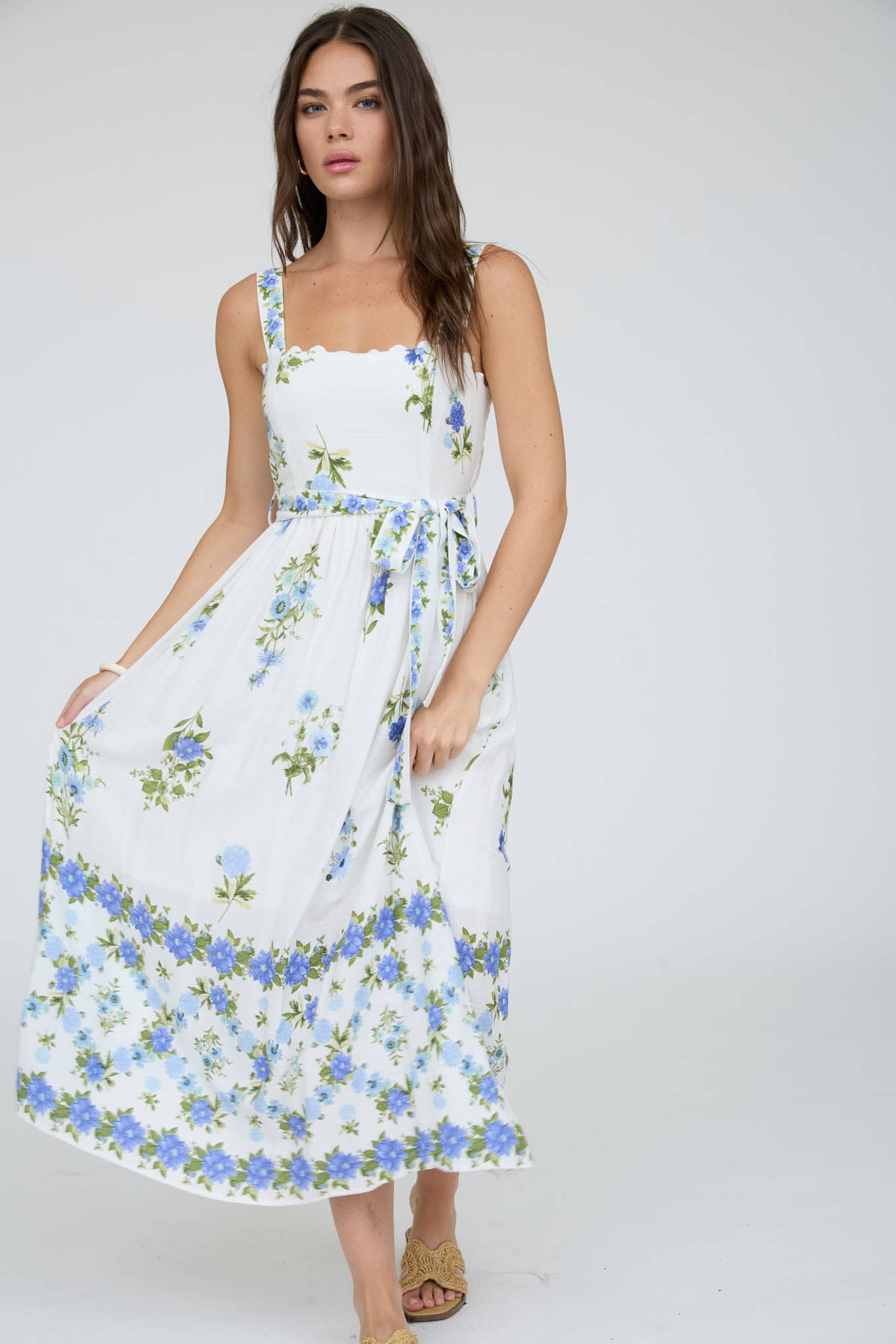 Floral Border Belted Midi Sundress in Blue Multi