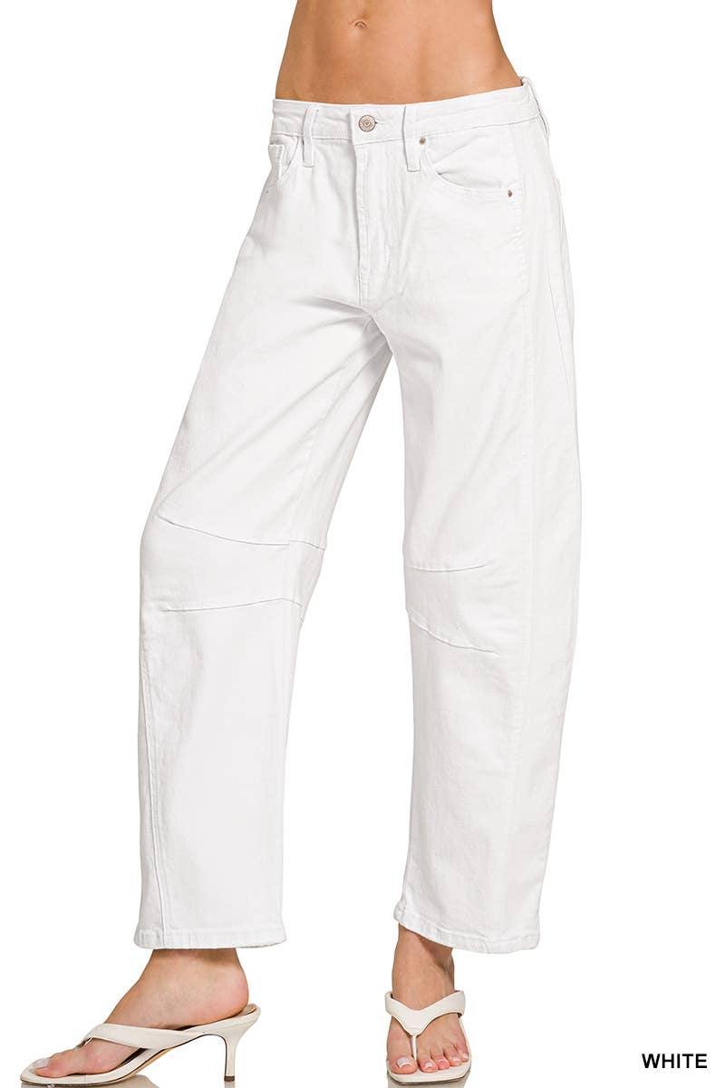 High Rise Barrel Leg Color Denim Pants in White