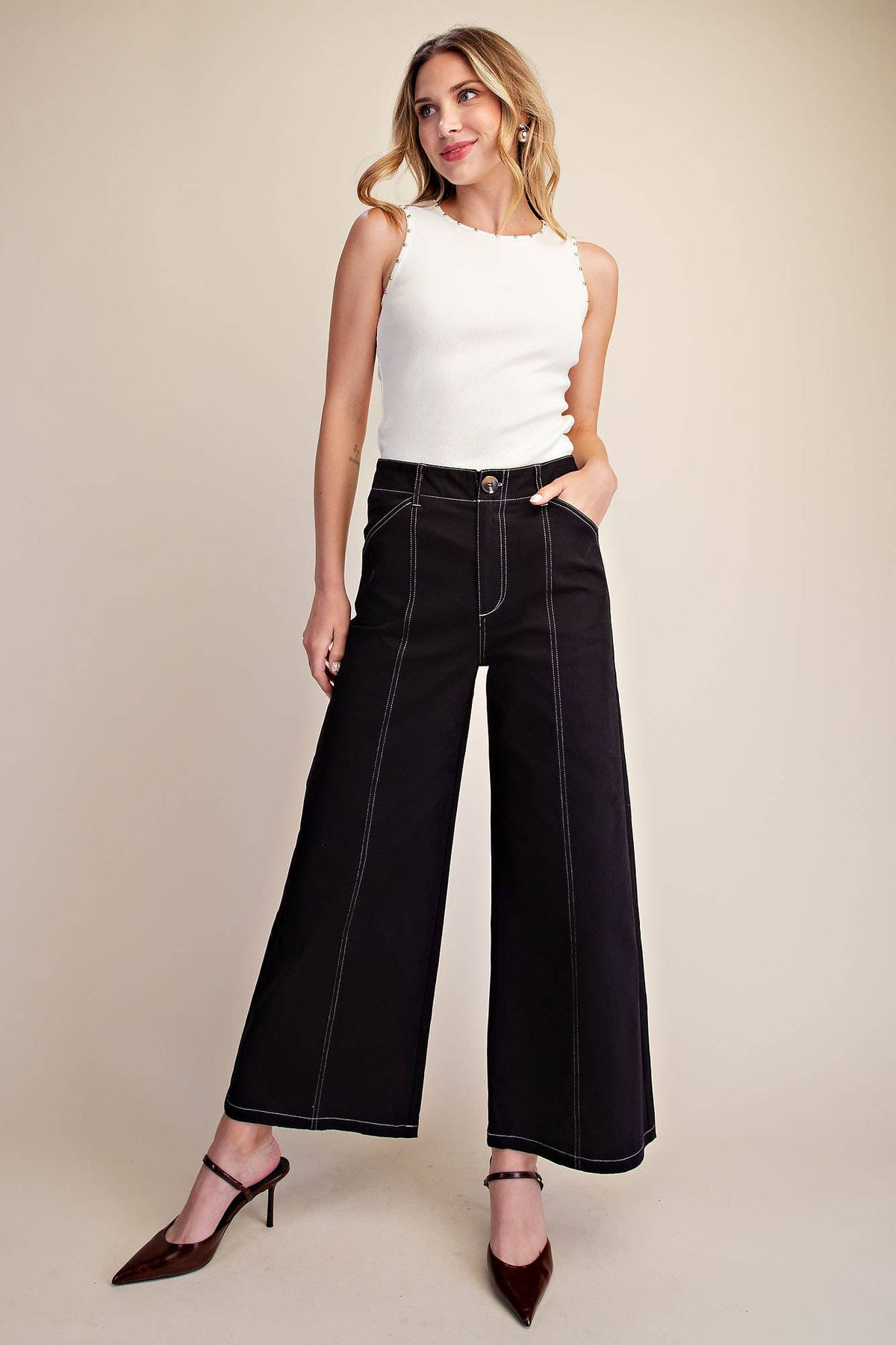 Zoey Wide Leg Stretch Bottoms in Black